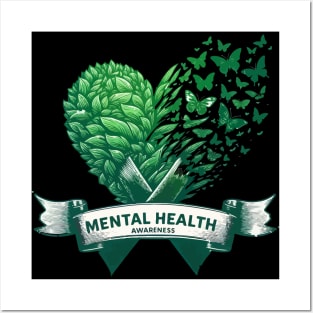 Mental Health Awareness Green Nature Heart Butterflies Ribbon Posters and Art